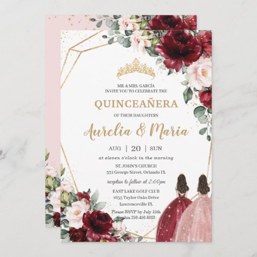 Quinceaera Red Blush Pink Rose Gold Floral Twins  Invitation
