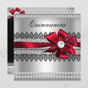 Quinceanera Red Bow Black Pearl Lace Diamond Invitation