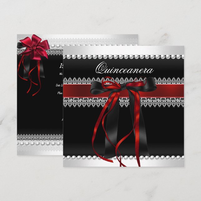 Quinceanera Red Bow Black Pearl Lace Diamond Invitation (Front/Back)
