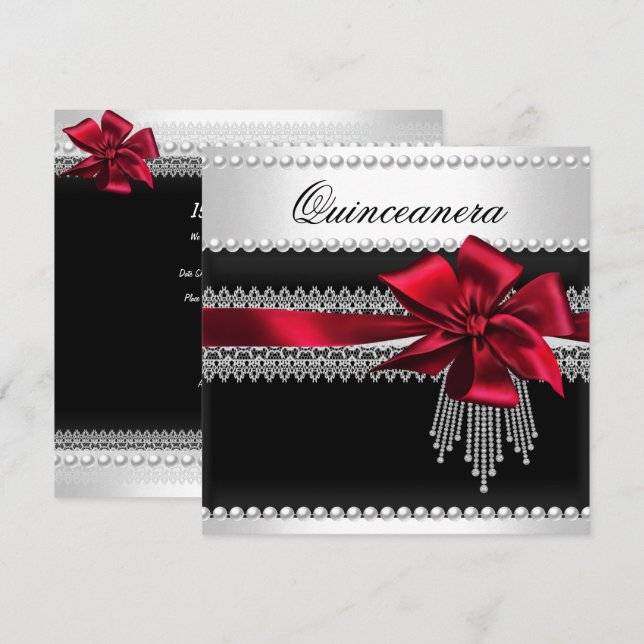 Quinceanera Red Bow Black Pearl Lace Diamond Invitation (Front/Back)