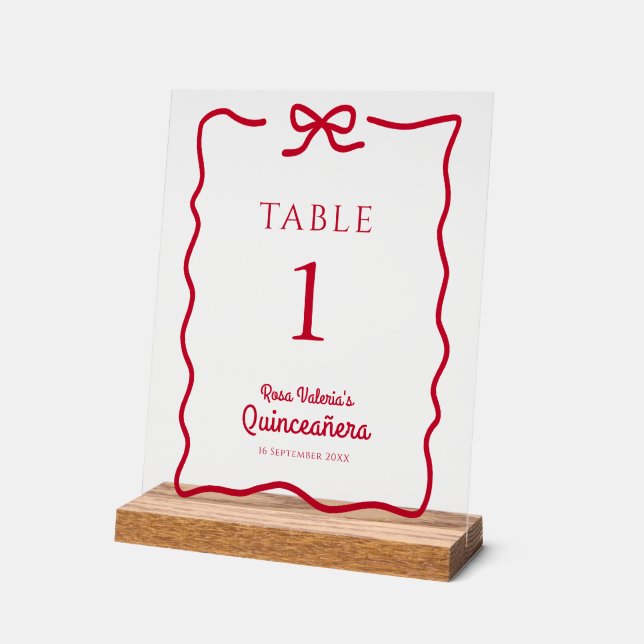Quinceañera Red Bow Table Numbers personalized Acrylic Sign (Angle)