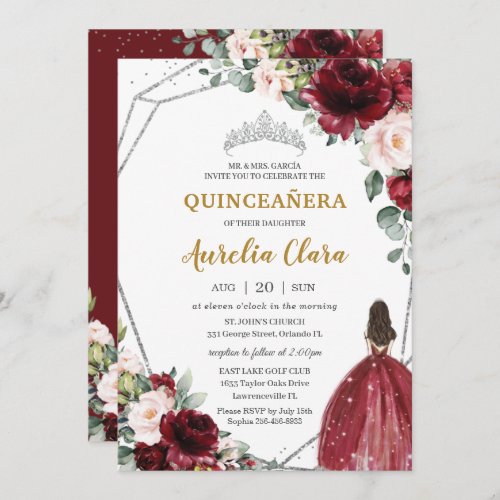 Quinceaera Red Burgundy Blush Floral Silver Tiara Invitation