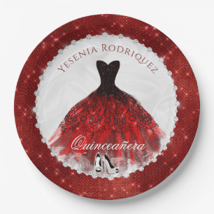 Quinceañera Red Diamond Sparkle Glam Paper Plates