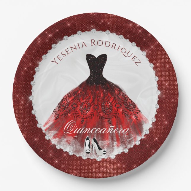 Quinceañera Red Diamond Sparkle Glam Paper Plates (Front)