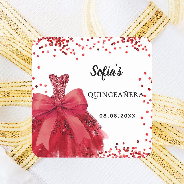Quinceanera red dress bow white square sticker (Creator Uploaded)
