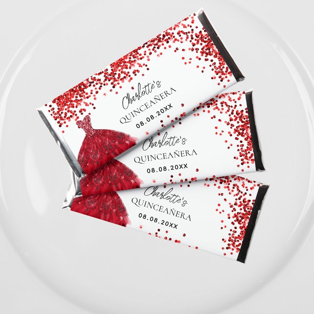 Quinceanera red dress confetti white hershey bar favors (Creator Uploaded)