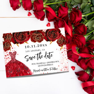 Quinceanera red dress florals white save the date announcement postcard