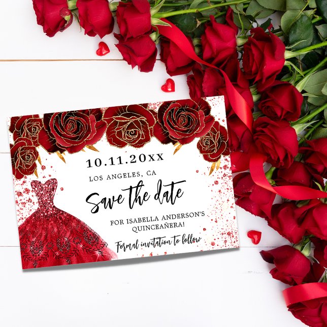 Quinceanera red dress florals white save the date announcement postcard (Creator Uploaded)