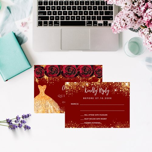 Quinceanera red dress flowers gold RSVP card