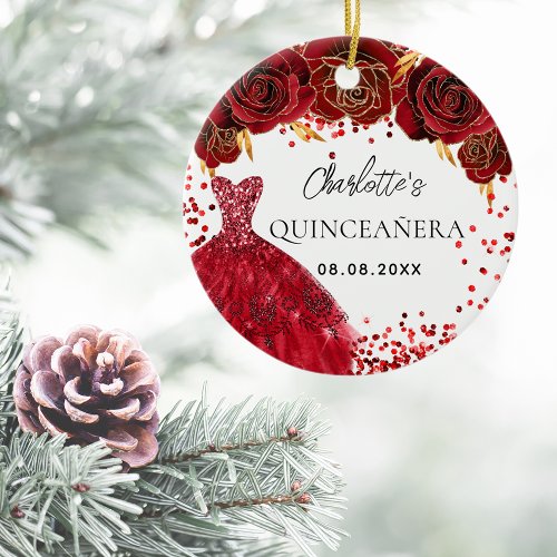 Quinceanera red dress flowers white ceramic ornament