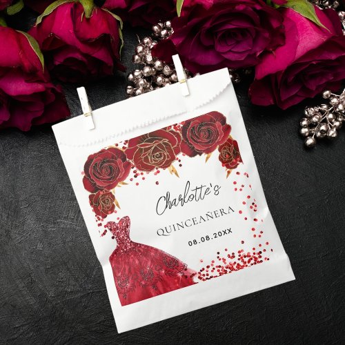 Quinceanera red dress flowers white favor bag
