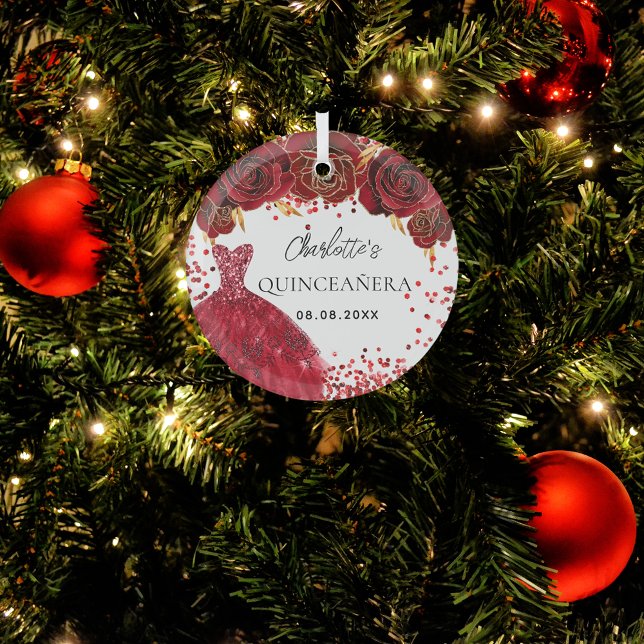 Quinceanera red dress flowers white glass ornament (Creator Uploaded)