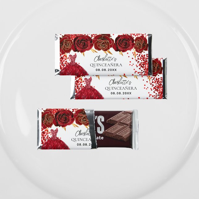 Quinceanera red dress flowers white hershey bar favors (Creator Uploaded)