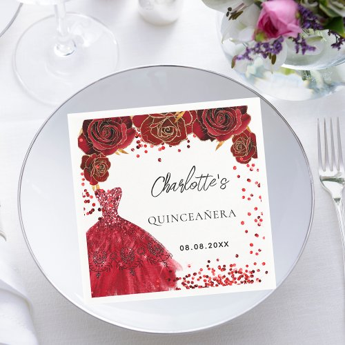 Quinceanera red dress flowers white napkins