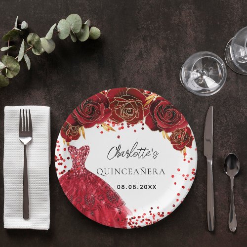 Quinceanera red dress flowers white paper plates