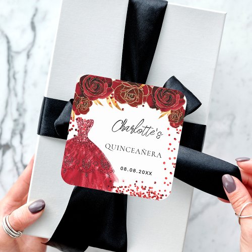 Quinceanera red dress flowers white square sticker