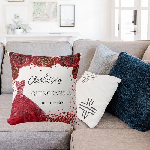 Quinceanera red dress flowers white throw pillow