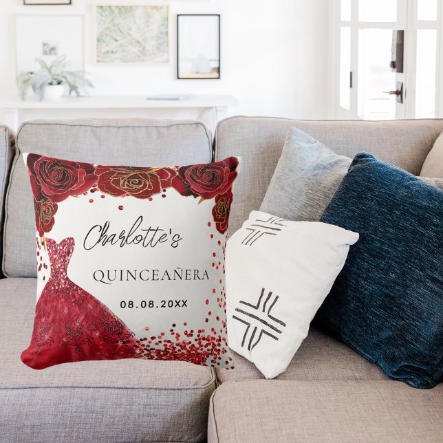 Quinceanera red dress flowers white throw pillow (Creator Uploaded)
