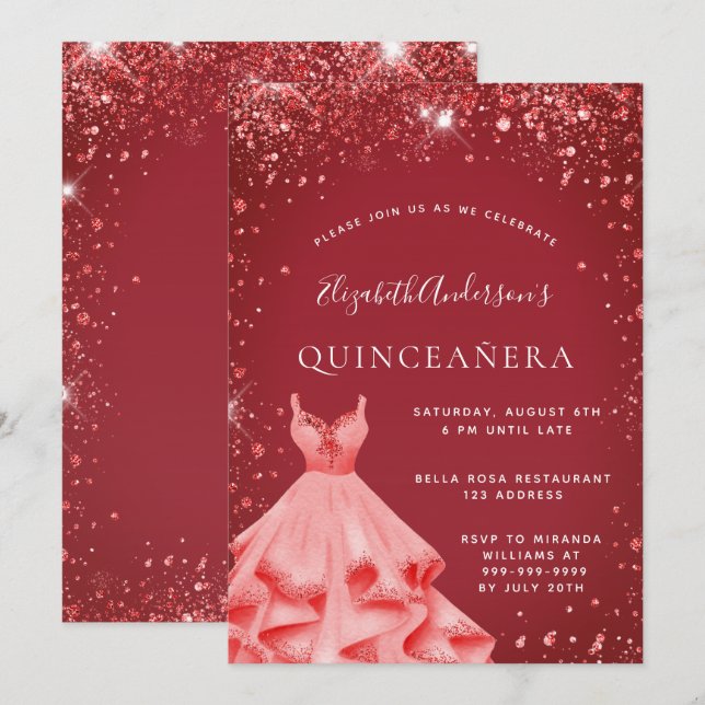 Quinceanera red dress glitter invitation (Front/Back)