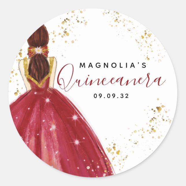 Quinceanera Red Dress Gold Glitter Classic Round Sticker (Front)