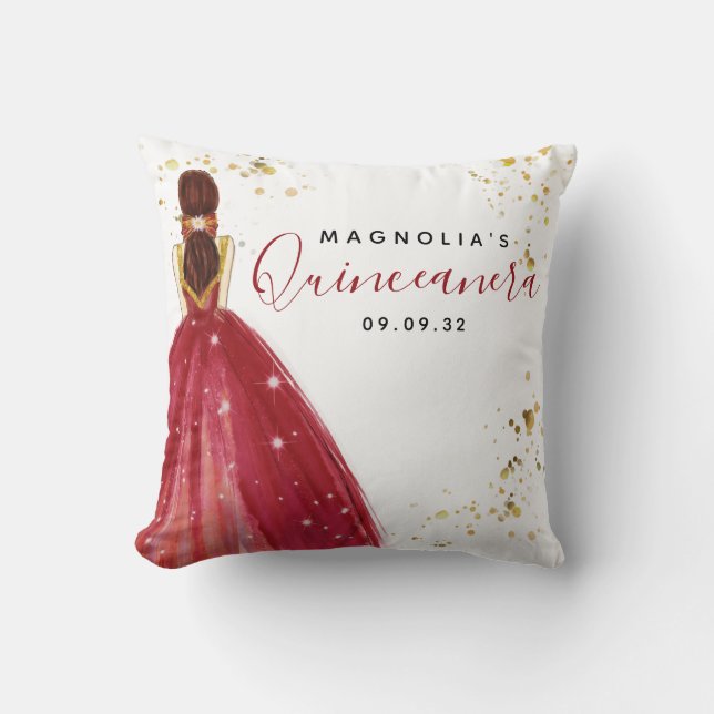 Quinceanera Red Dress Gold Glitter  Throw Pillow (Front)