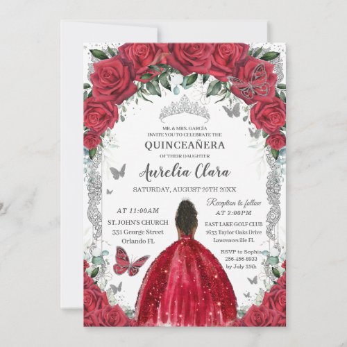 Quinceaera Red Dress Roses Floral Vintage Silver Invitation