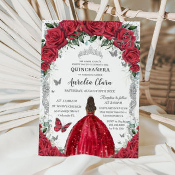 Quinceañera Red Dress Roses Floral Vintage Silver Invitation by LollipopParty at Zazzle