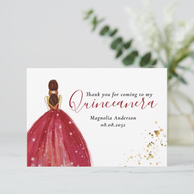 Quinceanera Red Dress  Thank You Card (Standing Front)