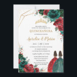 Quinceañera Red Emerald Green Floral Twins Gold Invitation<br><div class="desc">Personalize this lovely quinceañera invitation with own wording easily and quickly,  simply press the customize it button to further re-arrange and format the style and placement of the text.  Matching items available in store!  (c) The Happy Cat Studio</div>