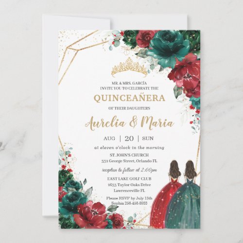 Quinceaera Red Emerald Green Floral Twins Gold Invitation