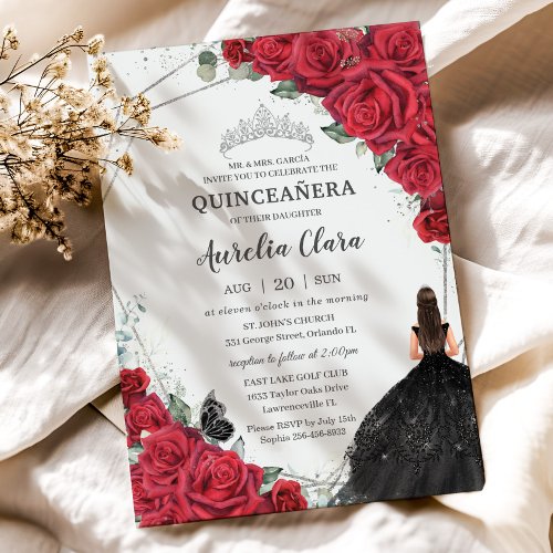 Quinceaera Red Floral Black Dress Silver Crown Invitation