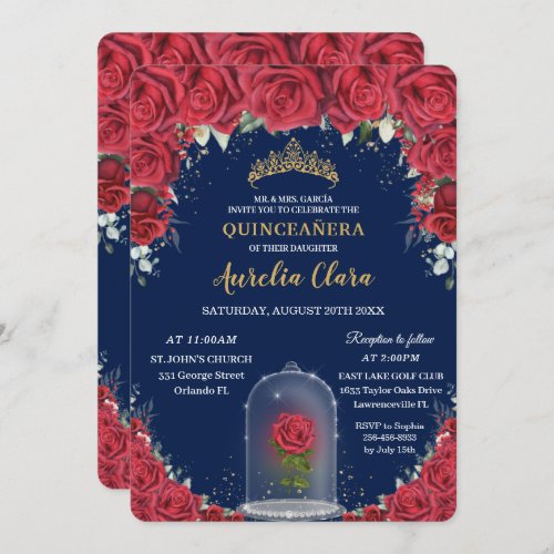Quinceaera Red Floral Enchanted Rose Navy Blue Invitation