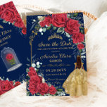 Quinceañera Red Floral Enchanted Rose Navy Blue Save The Date<br><div class="desc">Personalize this lovely save the date easily and quickly, simply press the customize it button to further re-arrange and format the style and placement of the text. Perfect for Quinceañera, Sweet 16, 18th birthday, Debutante Ball, Princess Party and more occasions! Matching items available in store! (c) The Happy Cat Studio...</div>