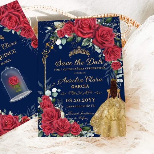 Quinceaera Red Floral Enchanted Rose Navy Blue Save The Date