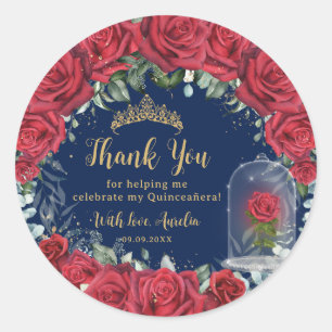 Quinceañera Red Floral Enchanted Rose Navy Classic Round Sticker