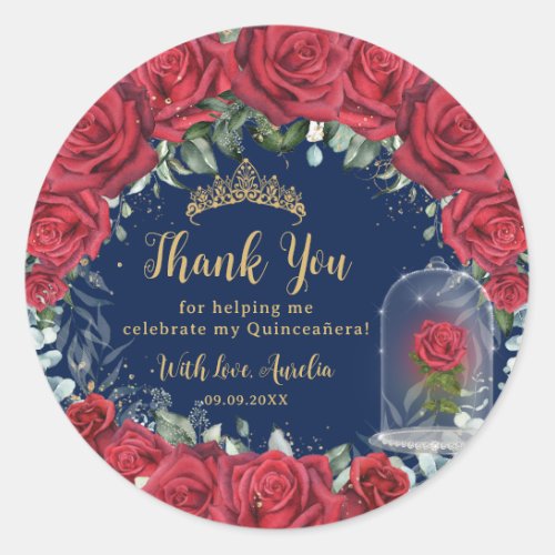 Quinceaera Red Floral Enchanted Rose Navy Classic Round Sticker