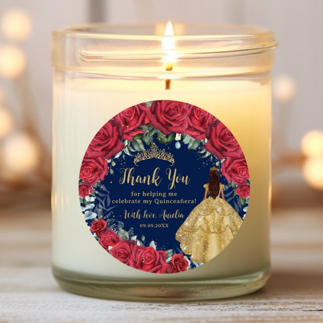 Quinceañera Red Floral Enchanted Rose Navy Classic Round Sticker (Creator Uploaded)