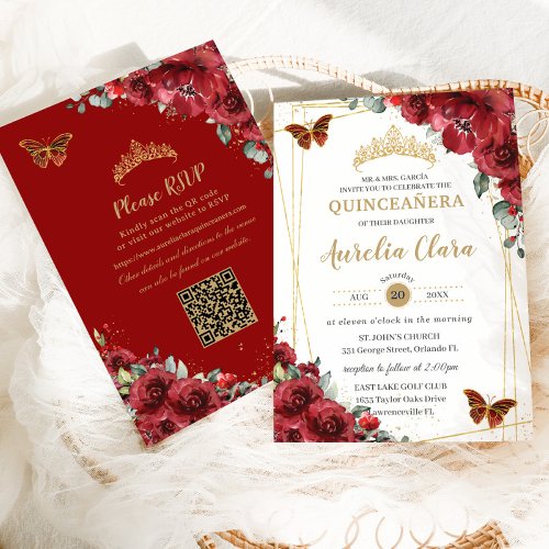 Quinceaera Red Floral Gold Butterflies QR RSVP Invitation