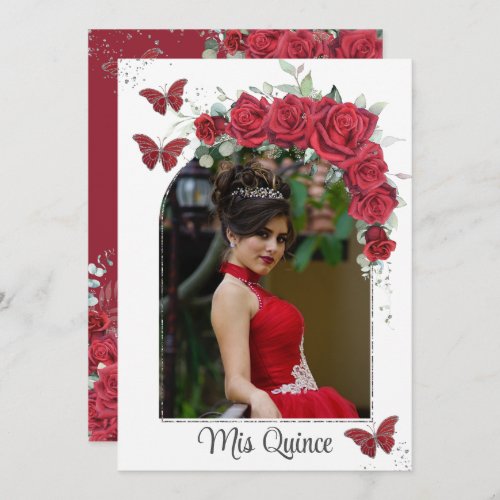 Quinceaera Red Floral Roses Butterflies Photo Invitation