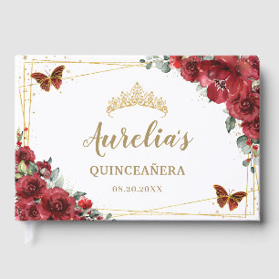 QUINCEAÑERA Red Floral Roses Gold Butterflies Guest Book