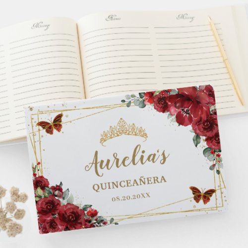 QUINCEAERA Red Floral Roses Gold Butterflies Guest Book