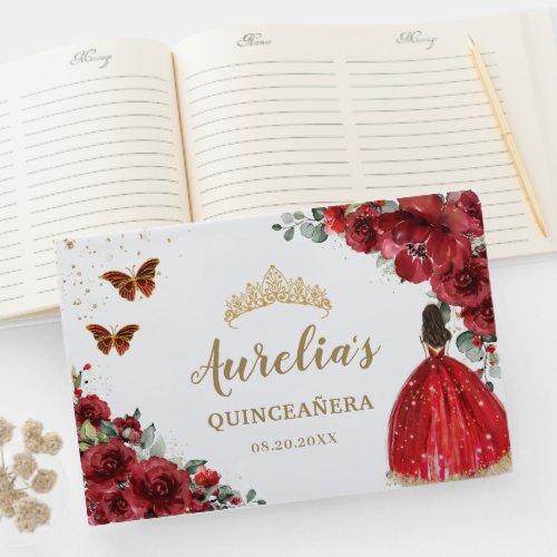 QUINCEAERA Red Floral Roses Princess Butterflies  Guest Book