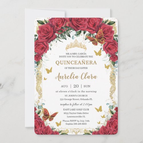 Quinceaera Red Floral Vintage Gold Butterflies Invitation