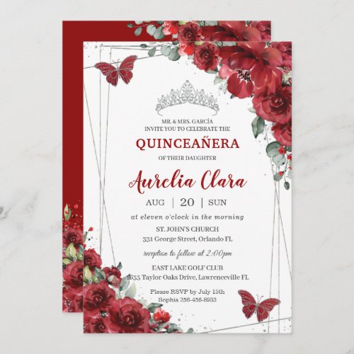 Quinceaera Red Flowers Floral Silver Butterfly Invitation