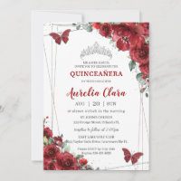 Quinceañera Red Flowers Floral Silver Butterfly Invitation