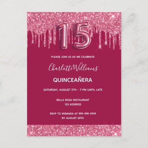 Quinceanera red glitter drips invitation postcard