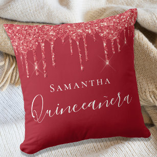 Quinceanera red glitter drips name throw pillow