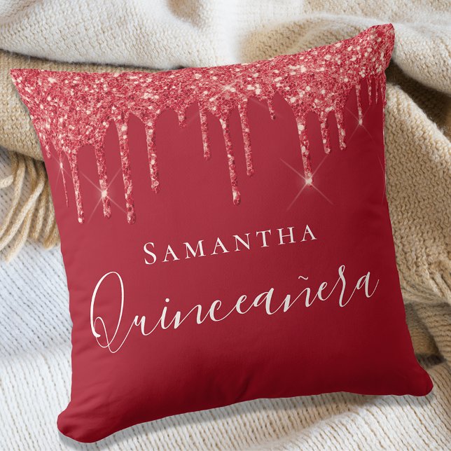 Quinceanera red glitter drips name throw pillow (Creator Uploaded)