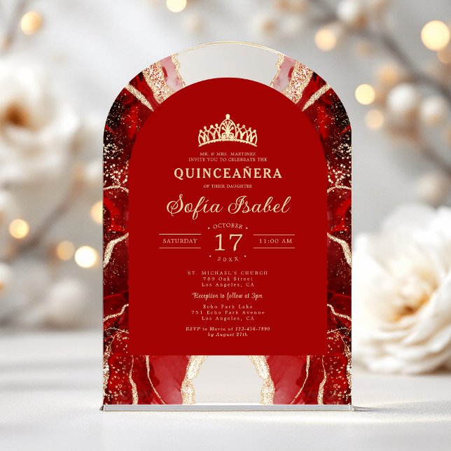 Quinceañera Red Gold Agate Elegant Acrylic Invitations (Creator Uploaded)