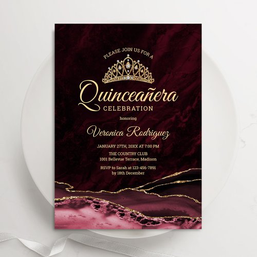 Quinceanera Red Gold Agate Marble Invitation